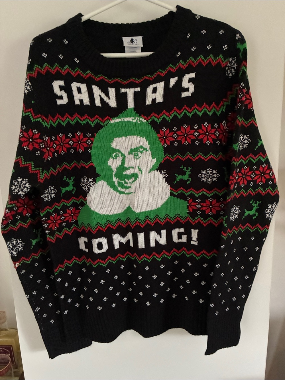 ELF Black Crewneck Christmas Sweater with Green, Red & White Holiday Graphic